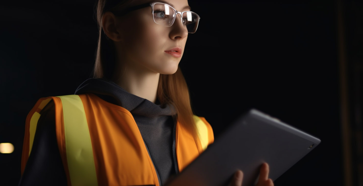 Site worker in a high-visibility vest completing a report on a tablet