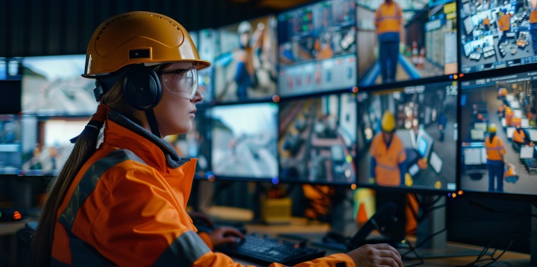 Safety operator in a hard hat monitoring job site activity across a wall of screens