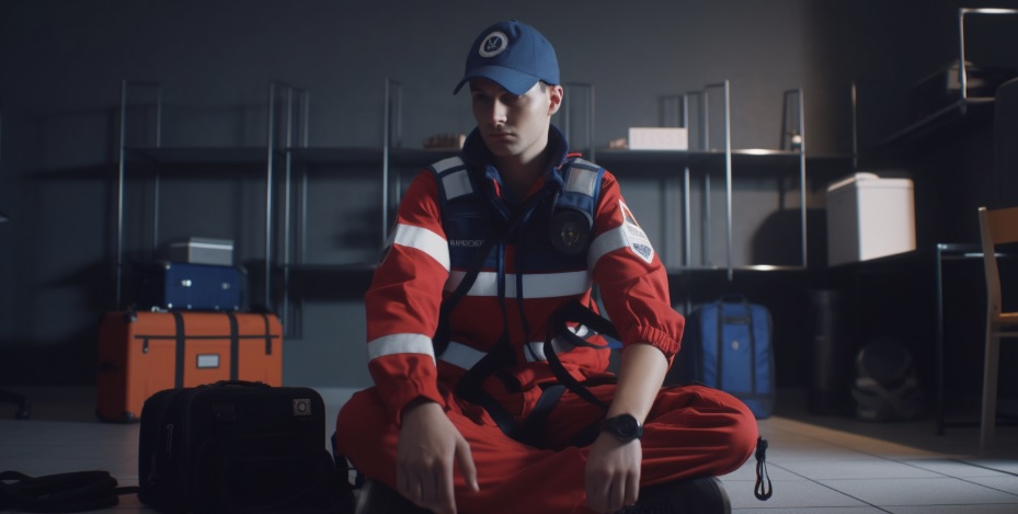 First responder in uniform sitting beside first aid kits and equipment