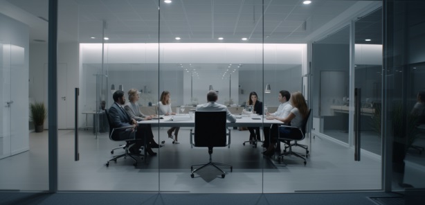 Team meeting in a glass-walled office conference room
